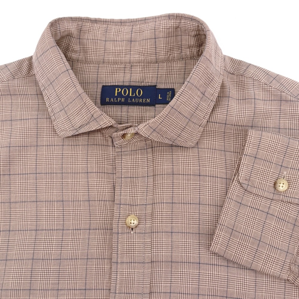 Polo Ralph Lauren Button Down Men L Brown‎ Glen Plaid Cotton Shirt Long Sleeve